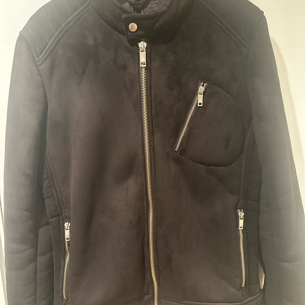Zara Man Black Faux Shearling Moto Jacket Size M